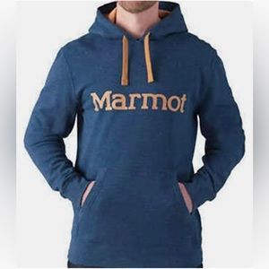 Marmot Logo Hoodie Sweatshirt Navy Blue with Tan Logo Lettering Size Medium